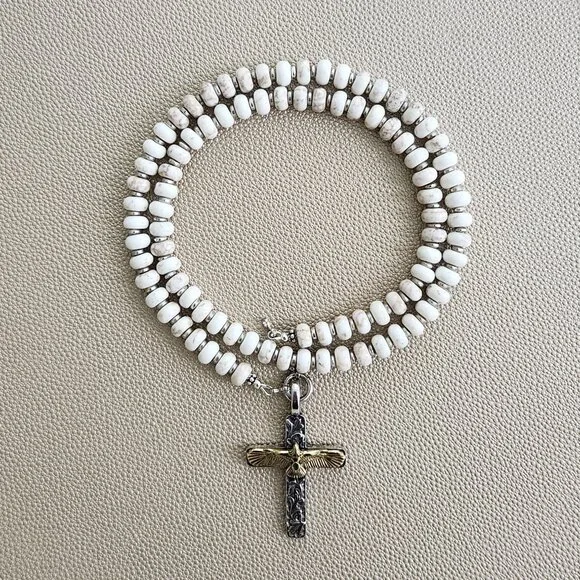 WHITE TURQUOISE NECKLACE W/ EAGLE CROSS PENDANT--24